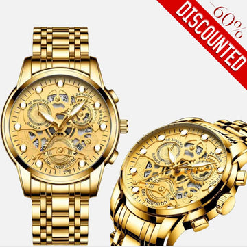 Stainless Steel Gold Skeleton Watch