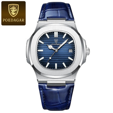 Poedagar Blue Leather Strap Watch
